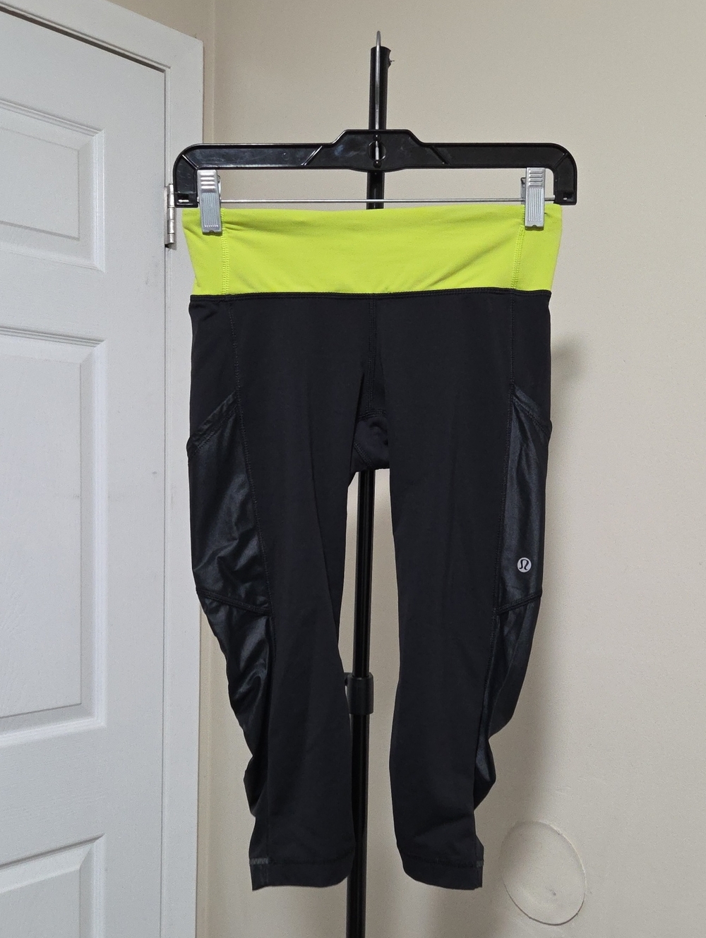 lululemon athletica Women's Black Capri Leggings with Yellow Waistband